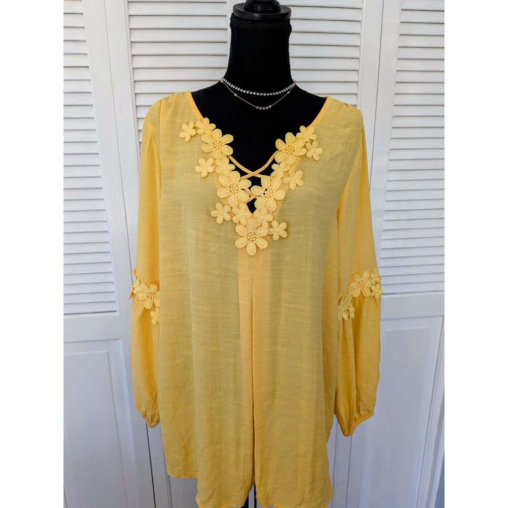 Avenue Top Women's 18/20 V-Neck Yellow Boho Peasant Tunic Blouse Lace Accent